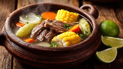 Traditional Mexican caldo de res beef soup corn on the cob chayote carrots and cabbage served in a steaming clay bowl with lime wedges