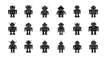 A collection of diverse black and white robot icons in a grid arrangement