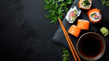 Assorted sushi rolls, soy sauce, chopsticks, and wasabi on black slate, green leaves