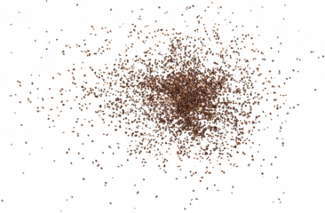 A close-up view of a scattered pile of fine brown granules resembling coffee grounds on a clean white surface. ideal for food-related imagery or culinary presentations