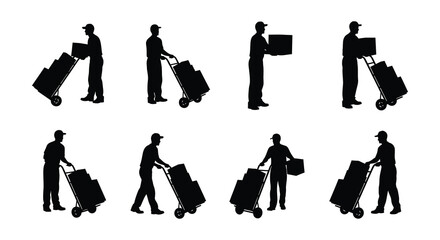 Silhouettes of people carrying parcels and luggage with hand trucks