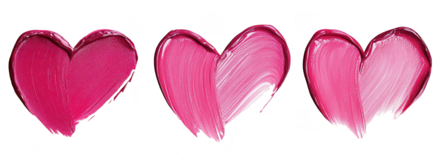 A display of three artistic heart shapes painted in shades of pink. creativity and love. perfect for use in romantic or artistic contexts