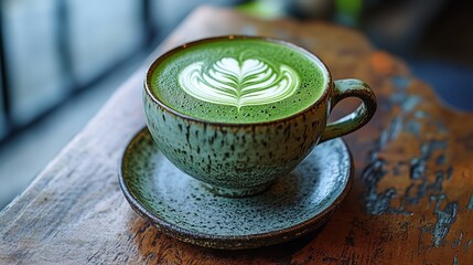 Matcha latte in ceramic cup with leaf latte art on rustic wooden table in cozy café setting