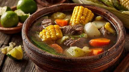 Traditional Mexican caldo de res beef soup corn on the cob chayote carrots and cabbage served in a steaming clay bowl with lime wedges