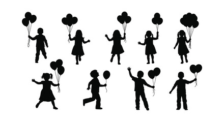 Children holding balloons and celebrating depicted as dark silhouettes against white