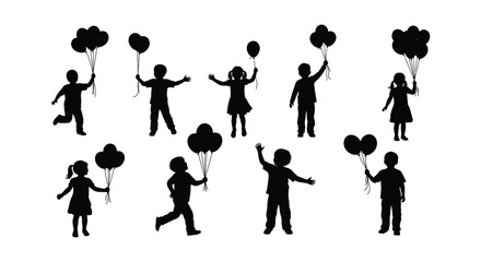 Children holding balloons and celebrating depicted as dark silhouettes against white