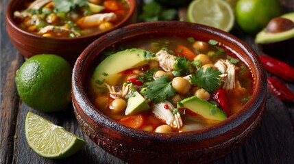 Traditional Mexican caldo tlalpeo chicken soup vegetables chickpeas avocado and chipotle peppers garnished with lime and cilantro