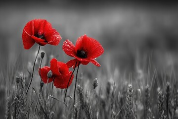 Three vibrant red poppies stand out against a black and white blurred background of wheat © Ferdi