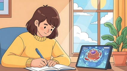 Focused student learning biology with tablet and textbook in sunny room, study session, education concept, science learning, online course