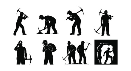 Silhouettes of miners working with various tools in a dark setting