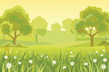 Naklejka premium a vibrant green landscape with lush trees and delicate white wildflowers blooms
