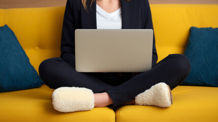 Unrecognizable businesswoman in a blazer and cozy slippers working remotely on a laptop on a sofa