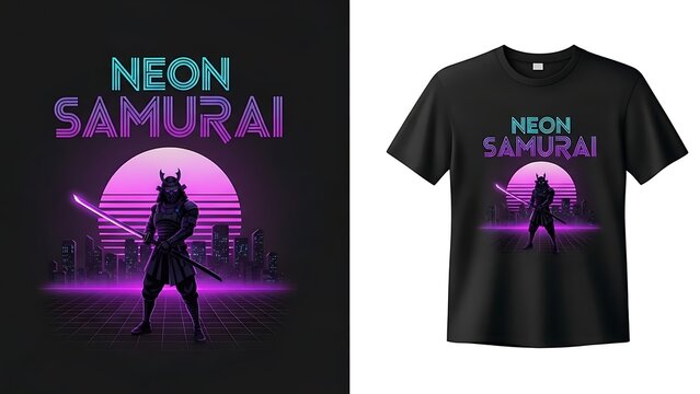 Neon samurai vector illustration t shirt design with futuristic cityscape and warrior