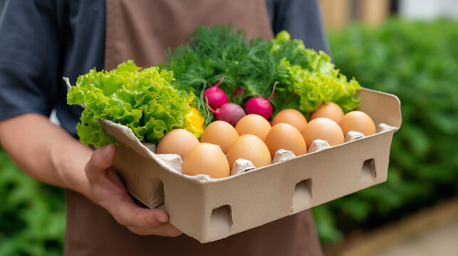 Farmer holding a box of fresh organic eggs and vegetables