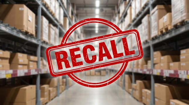 Product recall stamp overlay on warehouse distribution center with stacked inventory boxes on industrial shelves