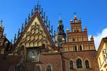 Upper facade with the clock - Town Hall - Wroclaw, Poland
