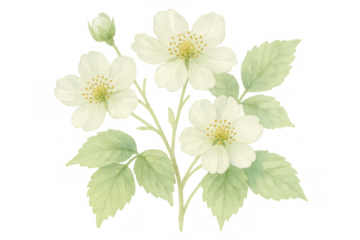 White flowers blooming with green leaves, hand painted watercolor illustration in botanical style, transparent background