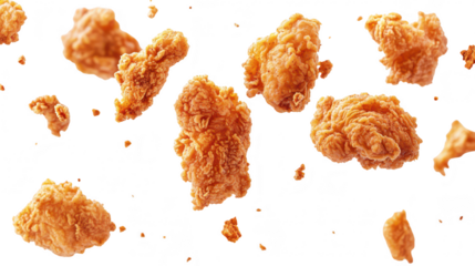 A dynamic composition of crispy fried chicken pieces floating against a clean white background. their texture and color. ideal for food-related promotions or culinary articles