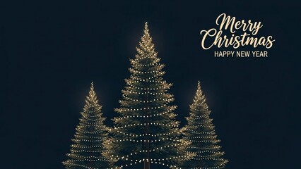 Three christmas trees adorned with lights against a dark background with merry christmas text on top