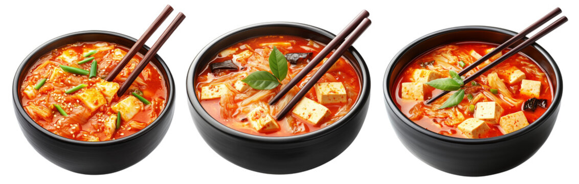 Spicy Korean kimchi jjigae with tofu, mushrooms, and green onions served in black bowl isolated on white background - Powered by Adobe