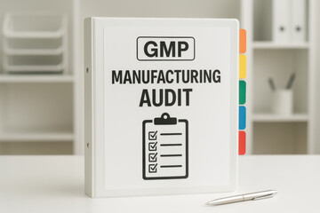 GMP manufacturing audit binder for quality assurance and compliance on clean desk. This professional, administrative theme with checklist shows serious inspection concept