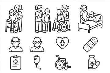 Fototapeta premium Linear icons representing essential elements of healthcare, patient assistance, and geriatric services