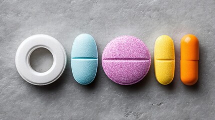 Colorful pills arranged on a textured surface, showcasing various medications.