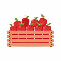 Illustration of a wooden crate overflowing with fresh red apples and green leaves.