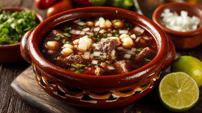 Authentic Mexican menudo soup, brimming with rich broth and hominy, topped with fresh chopped onions and cilantro, served with vibrant lime slices on a textured wooden surface. - Powered by Adobe