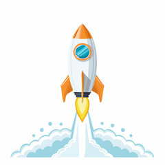 Cartoon rocket launching into space with fiery exhaust and smoke trails.