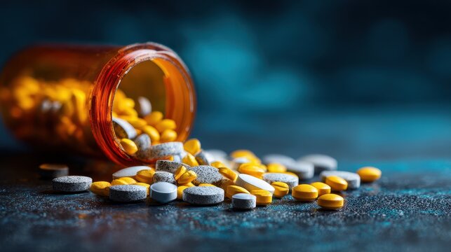 Prescription opioid bottle spilling pills on dark surface creating a dramatic scene focusing on potential substance misuse and its impact