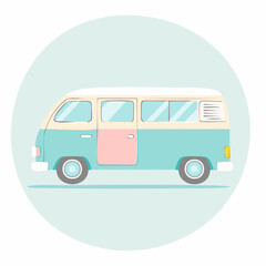A charming illustration of a retro blue and white camper van with a pink door, set against a light blue circular background.