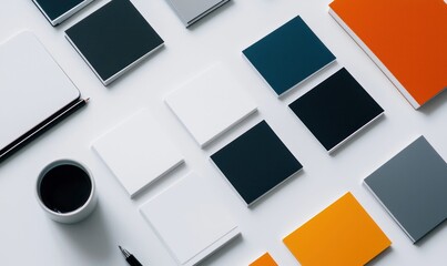Minimalist office setup with stationery, coffee, and color blocks in an overhead view.