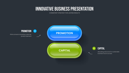 Visual Introduction Two Step Diagram Slide Design. Modern Launch 2 Option Infographic Frame Layout. Company Report Presentation Template Vector Illustration.