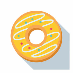 Flat design illustration of a yellow donut with white icing and colorful sprinkles.