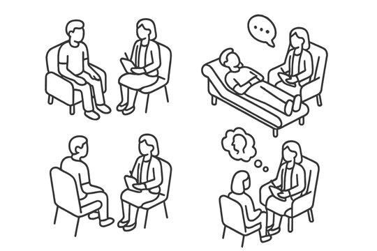 Scenes of psychological counseling, therapy sessions, and psychoanalysis on a couch