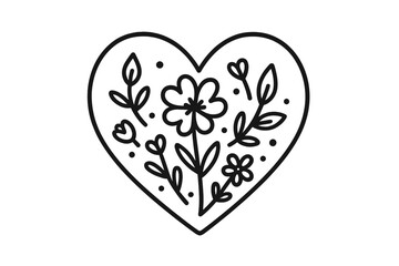 Minimalist black and white heart shape with blooming flowers and leaves doodle style