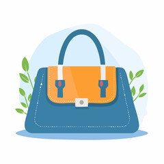 Stylish blue handbag with an orange flap and handle, featuring a silver clasp and subtle green leaf background illustration.