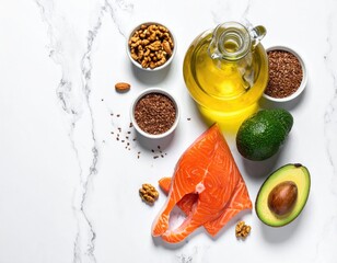 Healthy fats composition salmon, avocado, nuts, flaxseed, oil on marble