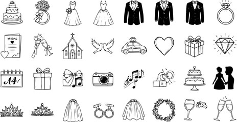 Wedding Icons: Hand-Drawn Set with Cake, Dress, Rings, Tuxedos, and More for Romantic Occasions © devanca