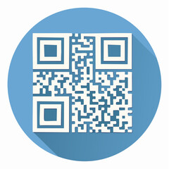 White QR code symbol on a light blue circular background with a long shadow effect, representing digital information and scanning.