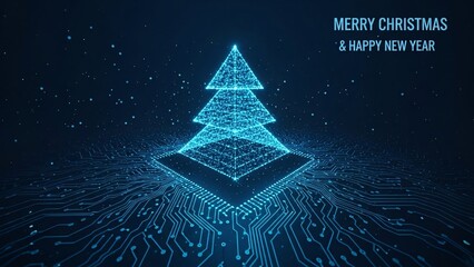 A digital christmas tree with circuit board patterns and merry christmas and happy new year text