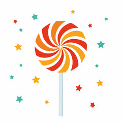 A vibrant orange and red swirl lollipop with a white stick surrounded by colorful stars on a white background.
