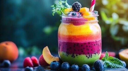 Delicious fruit smoothie recipe healthy breakfast drink colorful layers blended fruits and berries fresh