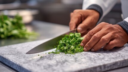 Chef skillfully chops fresh cilantro on a marble cutting board in a modern kitchen