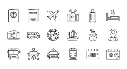 Line Art Icon Set for Travel, Tourism, and Vacation with Passport and Luggage