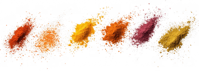 A assortment of colorful spices arranged in a line. rich textures and hues against a clean white background. ideal for culinary. health. or food-related content