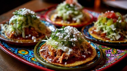Vibrant Mexican tostadas topped refried beans shredded chicken lettuce crema crumbled cheese and salsa served on colorful ceramic plates