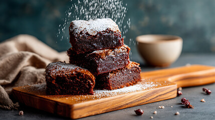 Close-up of freshly baked brownies with a rich, fudgy texture and a dusting of powdered sugar on top, creating an indulgent and comforting bakery scene