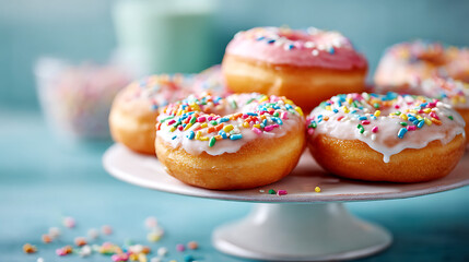 Sugar-glazed doughnuts with colorful sprinkles arranged on a cake stand create a whimsical and indulgent dessert display.